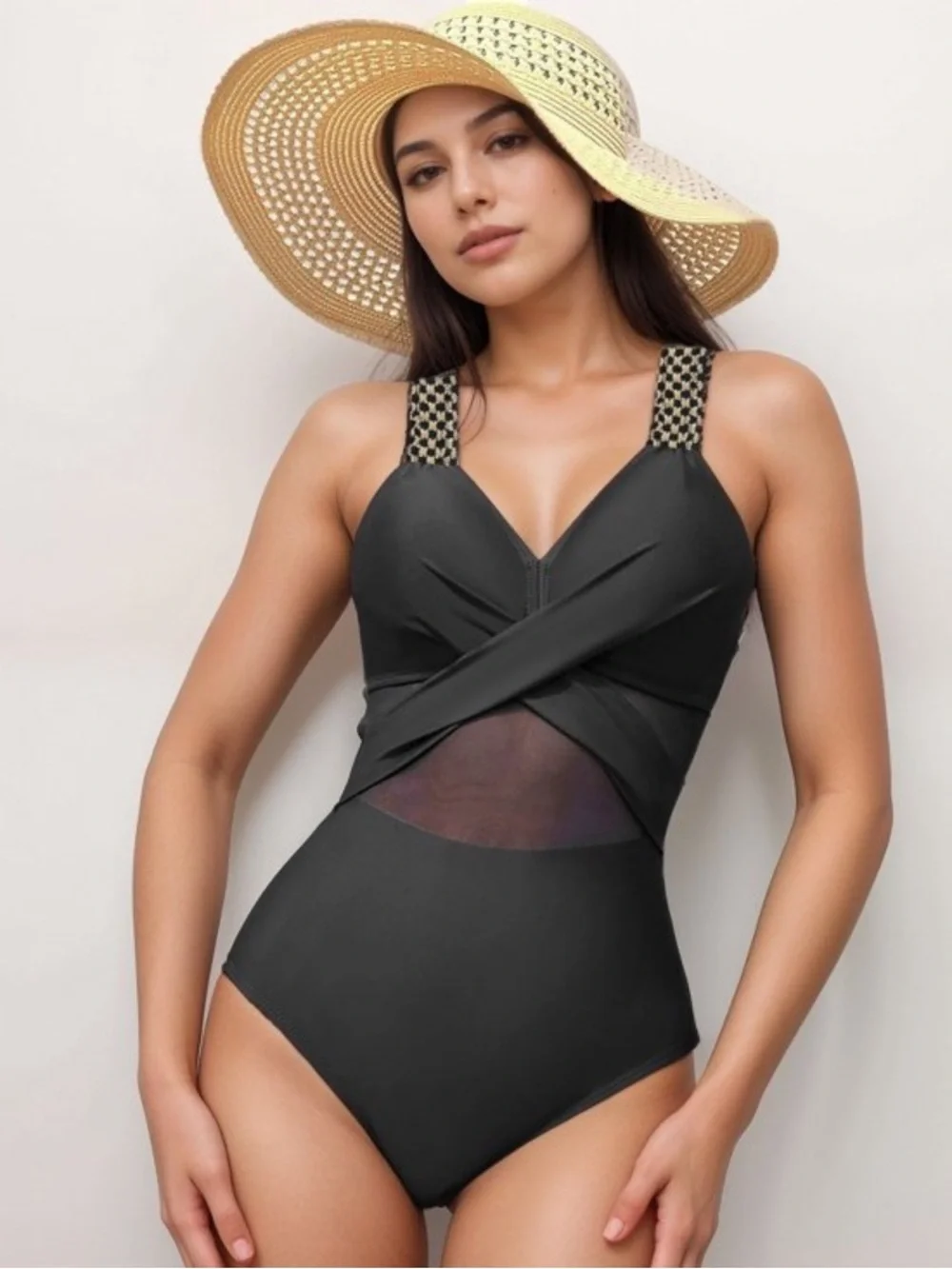 One Piece Mesh Midsection Crisscross Front and Braided Detail Straps Black S